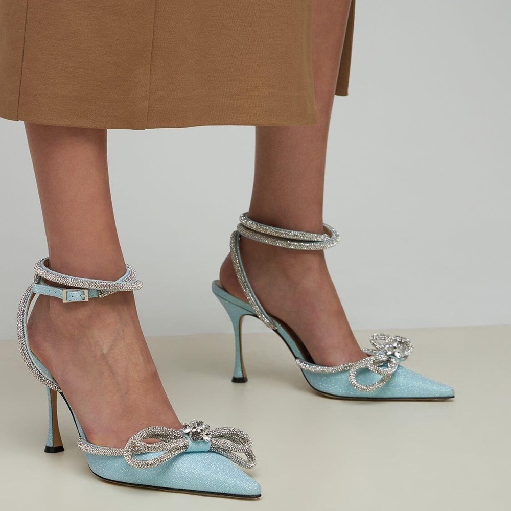 Mach & Mach double crystal bow shimmer ankle strap heels